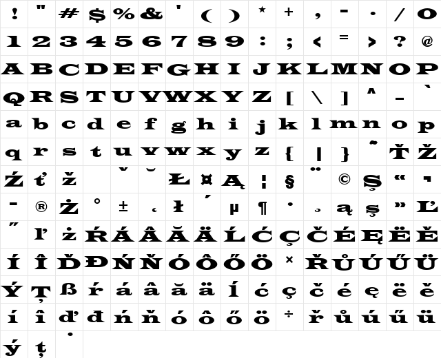 LatinWidDEE Regular  glyph index