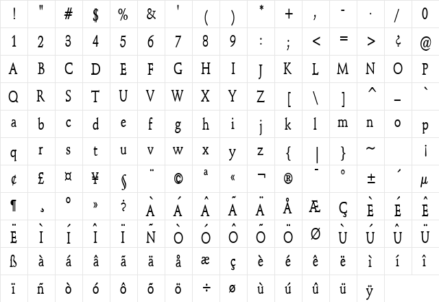 Schroeder Condensed Bold  glyph index