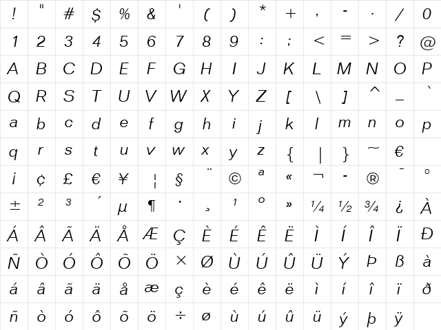 Folio Lt BT Light Italic  glyph index