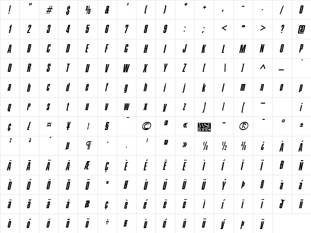 Pledge Italic  glyph index