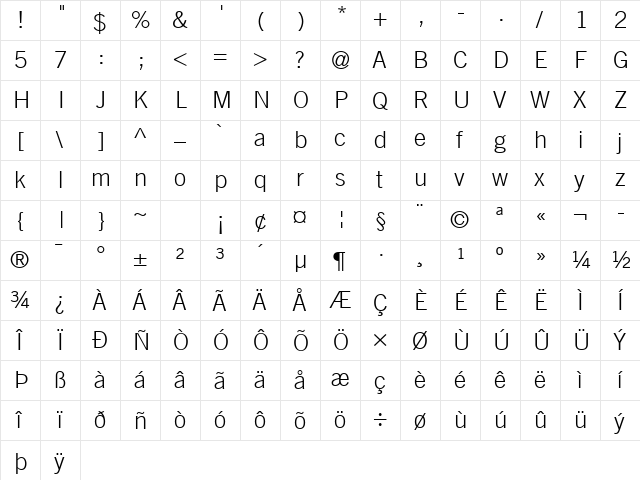 Trade Gothic LT Com Light  glyph index