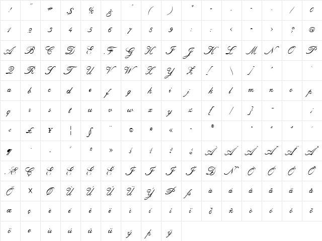 RegencyScriptFLF Regular  glyph index