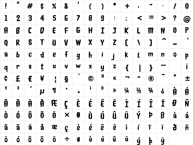 Fluffy Slacks BTN Regular  glyph index