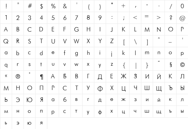 Futura_Light-Normal Regular  glyph index