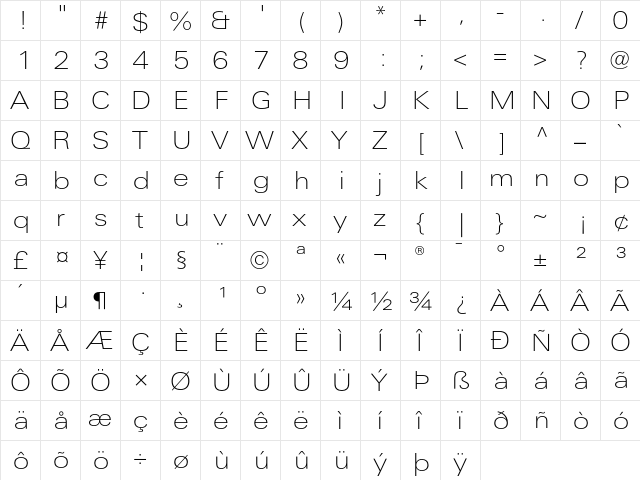 LinotypeUnivers ExtdThin  glyph index