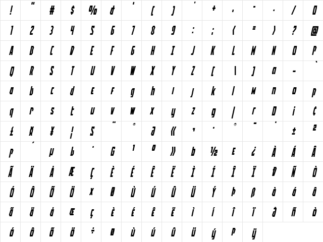 Battleworld Title Italic Italic  glyph index
