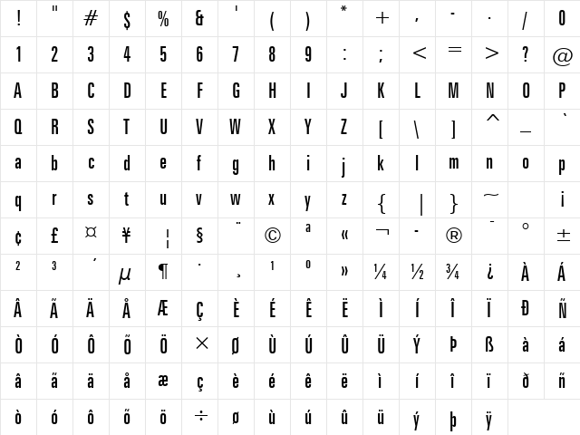 Zurich Regular  glyph index