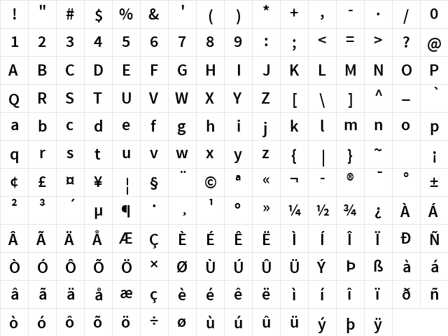 Source Sans Pro Semibold Regular  glyph index