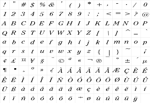OxfordExtended Italic  glyph index
