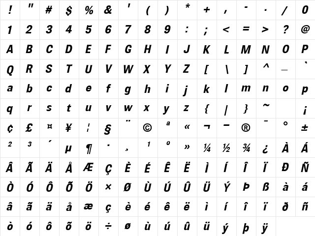 Brown BoldItalic  glyph index