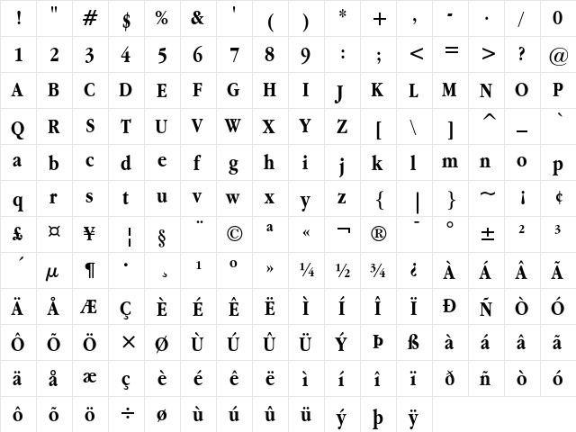 Apple Garamond Bold  glyph index