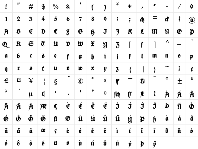 Fette deutsche Schrift Regular  glyph index