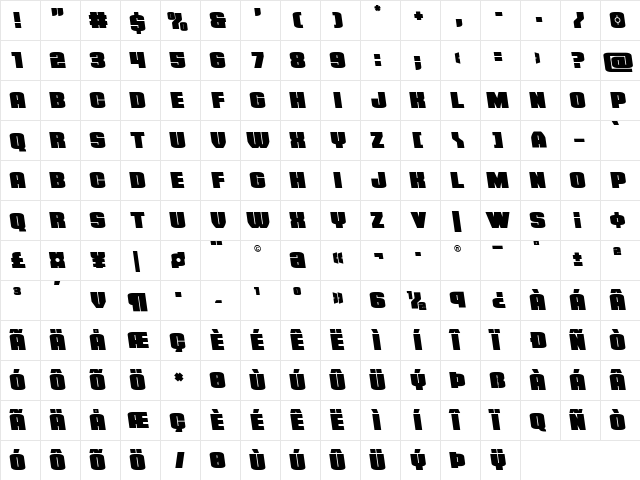 Elephant Gun Semi-Leftalic Regular  glyph index