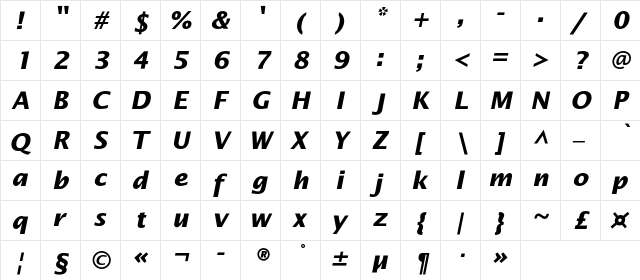 OfficeTypeSansC Bold Italic  glyph index