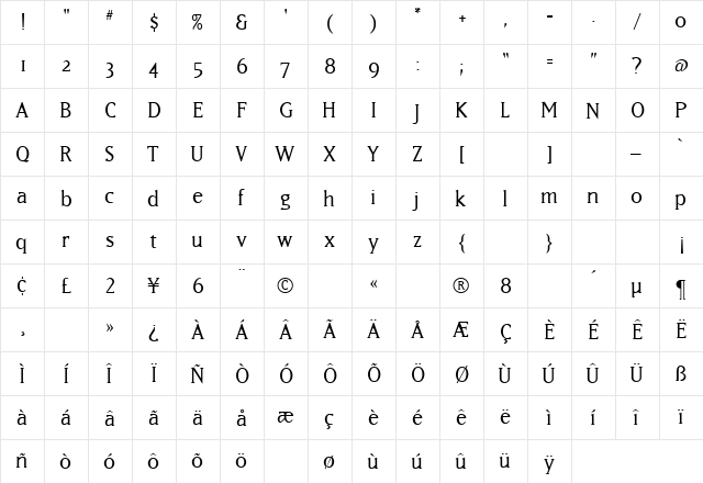 MatrixBook Regular  glyph index