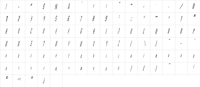 Madrid Italic  glyph index