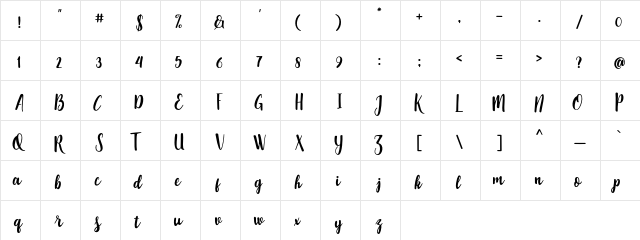 peque script Regular  glyph index