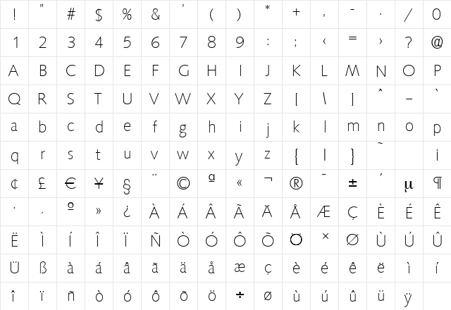 SaxonySerial-Xlight Regular  glyph index
