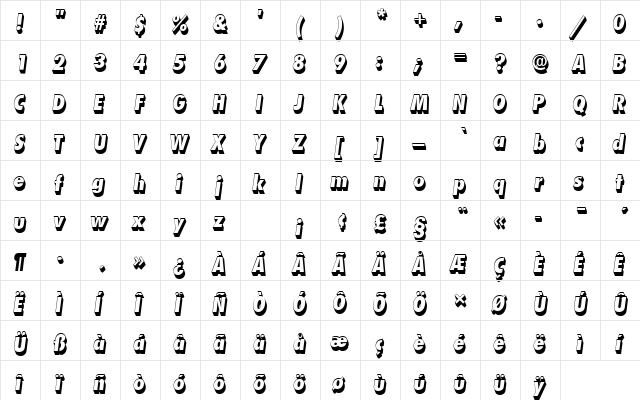 FuturaTExtBolConOblSh1 Regular  glyph index