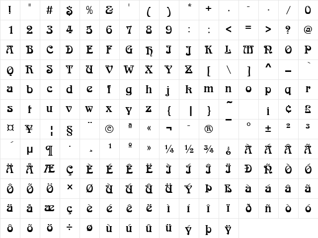 Arnold Bocklin Regular  glyph index
