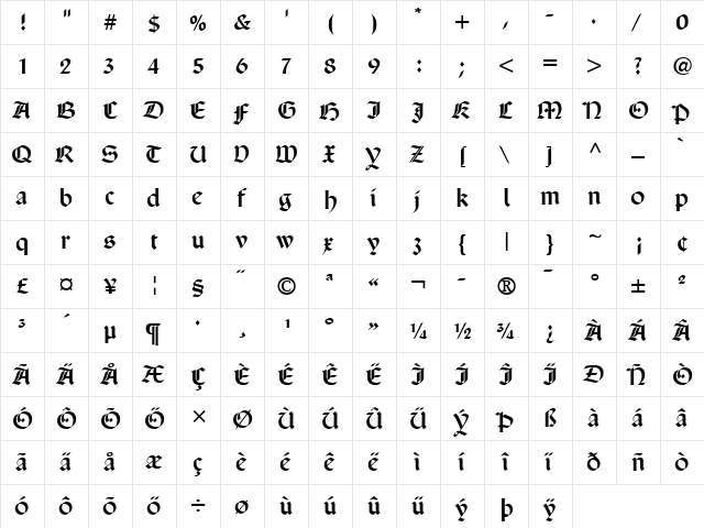 SanMarco LT Regular  glyph index