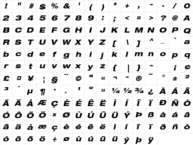 Helvetica Neue LT Std 83 Heavy Extended Oblique  glyph index
