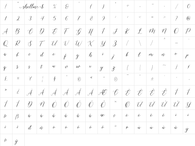 shelline Regular  glyph index