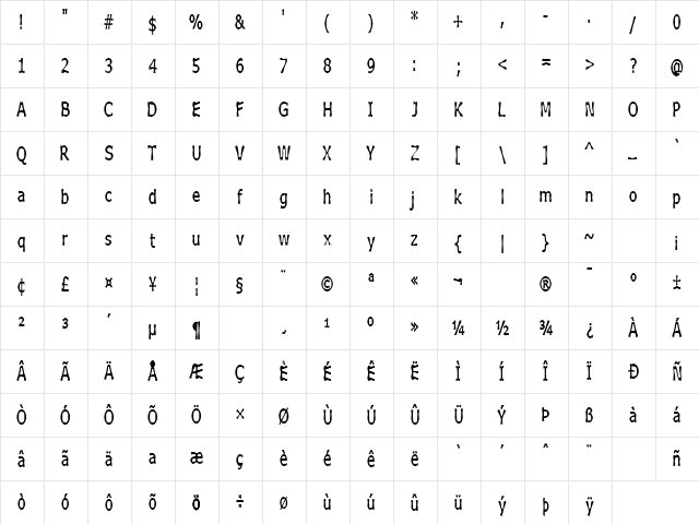 Boneribbon Tall Bolder Regular  glyph index