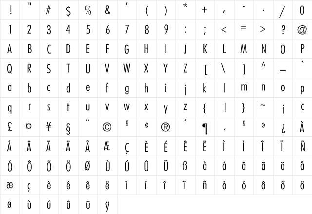 Futura-CondensedLight-Normal Regular  glyph index