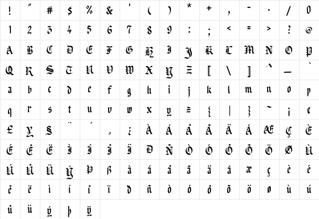 Blacklet Normal Bold  glyph index