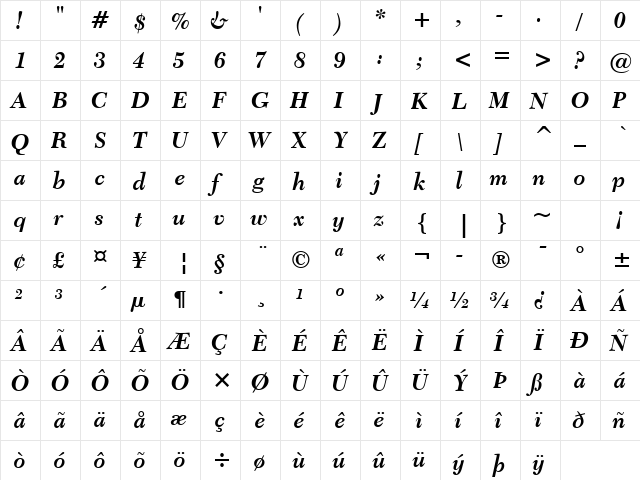 Transit511 BT Bold Italic  glyph index