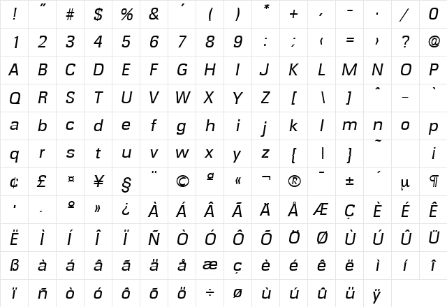 Rochester-Serial RegularItalic  glyph index