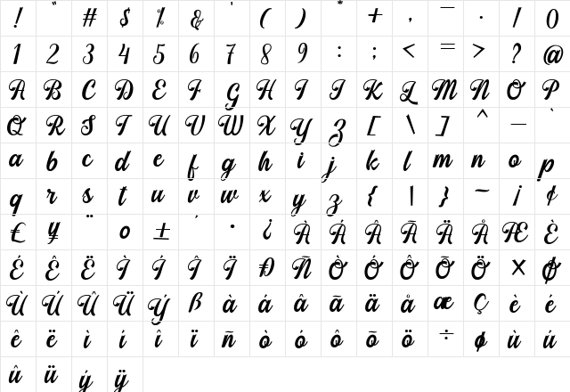 Stayhill Regular  glyph index