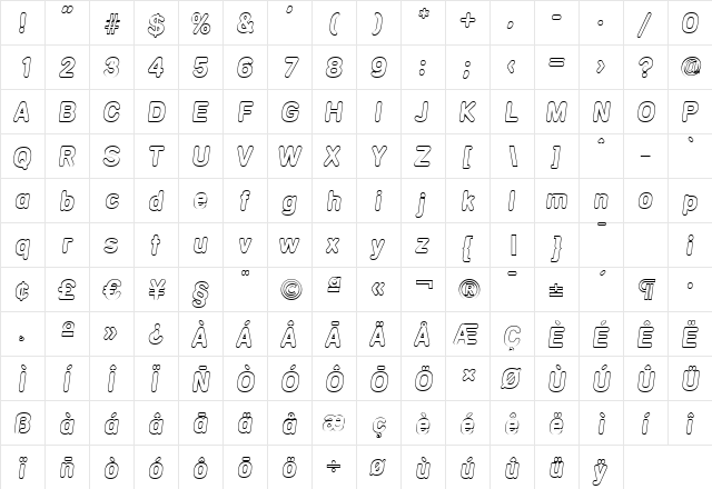 AndreasBeckerOutline BoldItalic  glyph index