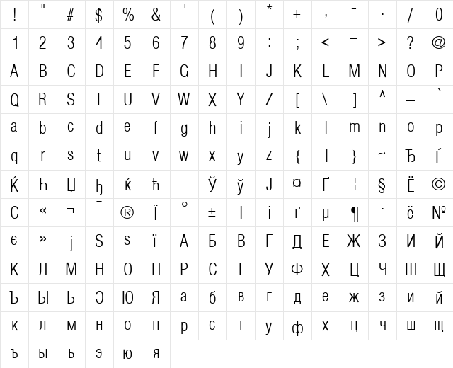 AGLettericaCondensedLight Roman  glyph index