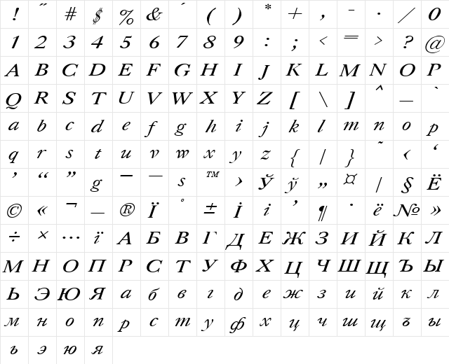 Caslon Italic  glyph index