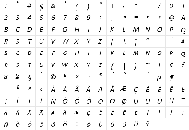 The Sans Semi Light- Italic  glyph index