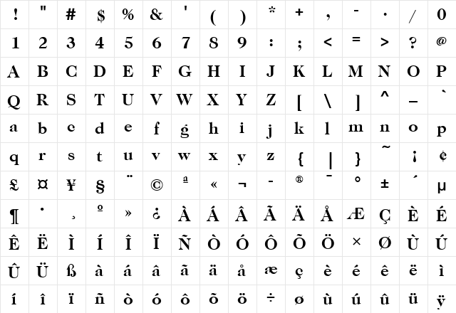 CaslonTwoTweFourITC Bold  glyph index