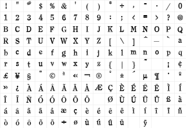 Clearface Contour Regular  glyph index