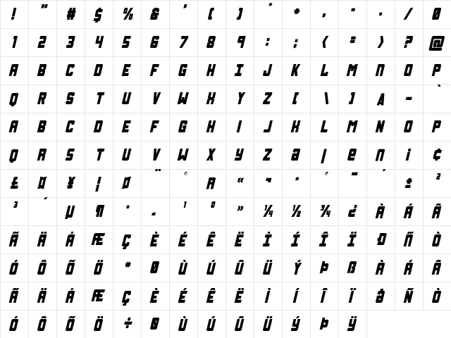 Urban Defender Italic Italic  glyph index