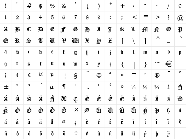 Midevil Normal  glyph index