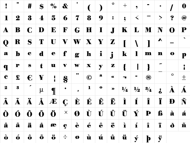 BodoniStd Bold  glyph index