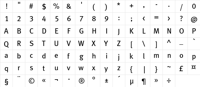 MetaBookLFC Regular  glyph index