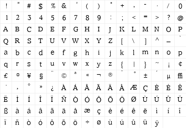 ClaremontLight Roman  glyph index