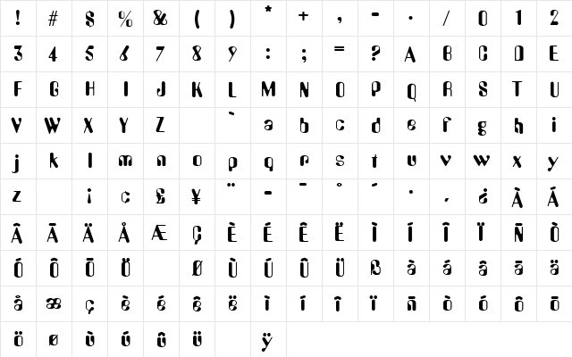 Amelia Regular  glyph index