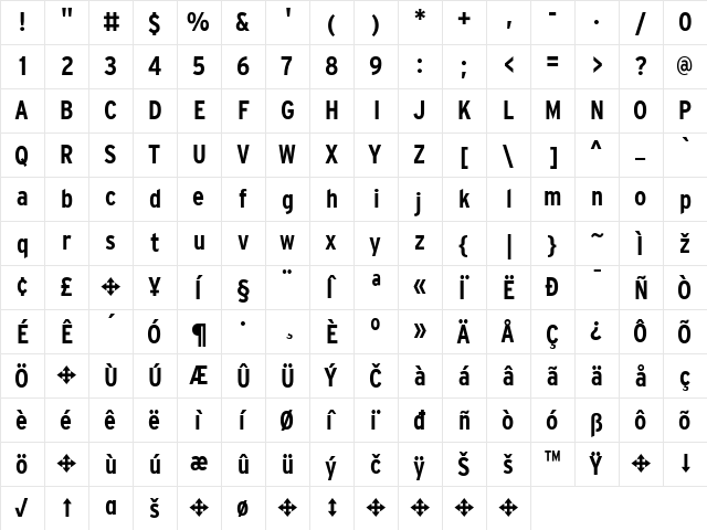 InterstateCondensed Bold  glyph index