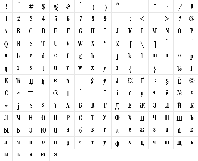 BodoniCondCTT Regular  glyph index