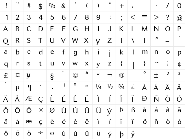 Cosmos Light  glyph index