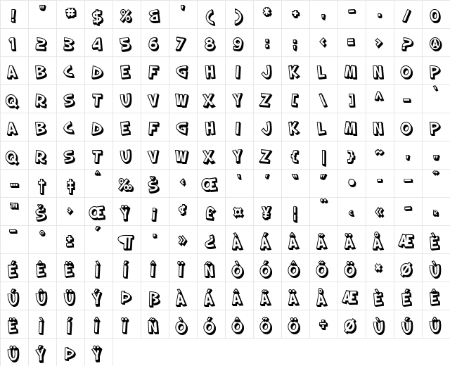 SF Slapstick Comic Shaded Regular  glyph index