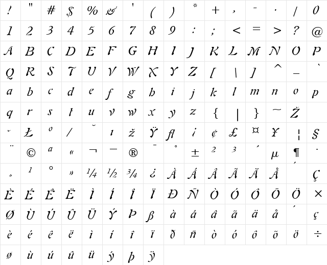 Freeform Italic  glyph index
